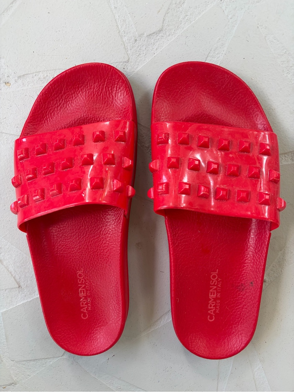 Carmen Sol Red Stud-Detail Slide Sandals